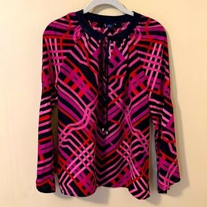 Kaari Blue Flowy Blouse Tunic with Faux Suede Trim and Bell Sleeves Size S